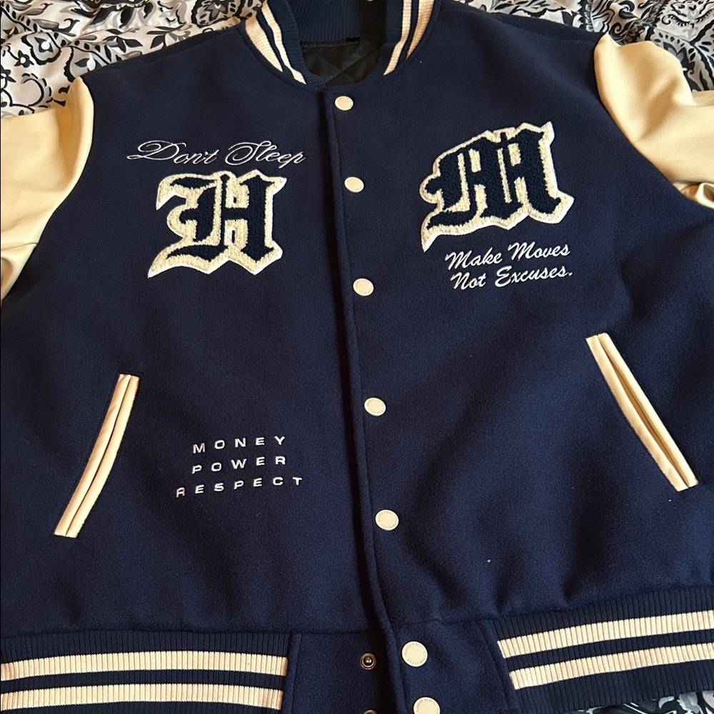 Men Navy & Cream Varsity Letterman Jacket with Embroidered Patches
